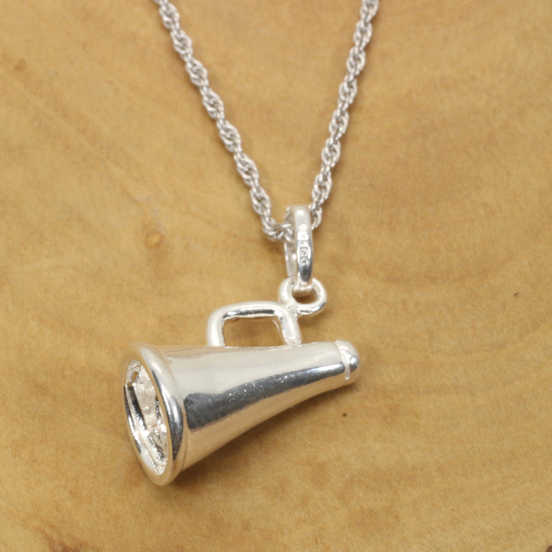 Silver Cheerleader Megaphone necklace made in 925 Sterling Silver