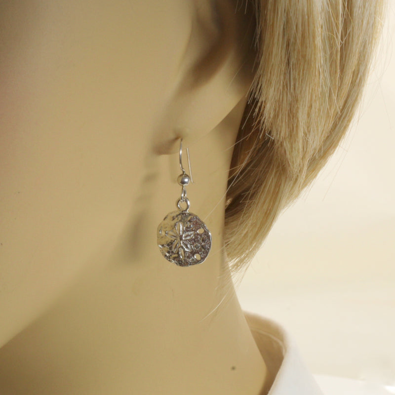Silver Sand Dollar Dangle Earrings for her made in 925 Sterling Silver