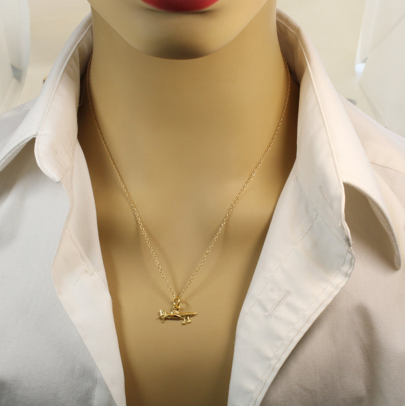 Gold Air Tractor Crop Duster Necklace in tiny size made in 14kt Gold Vermeil