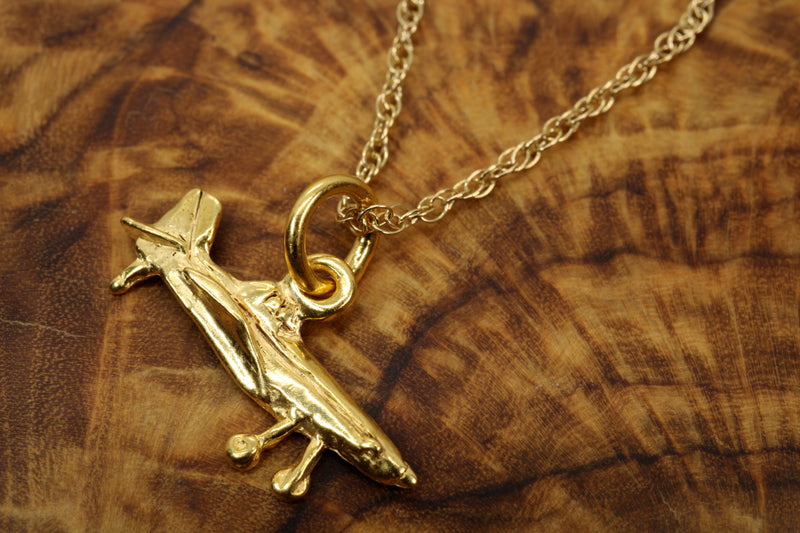 Gold Air Tractor Crop Duster Necklace in tiny size made in 14kt Gold Vermeil