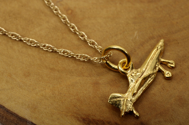 Gold Air Tractor Crop Duster Necklace in tiny size made in 14kt Gold Vermeil
