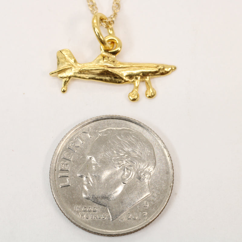 Gold Air Tractor Crop Duster Necklace in tiny size made in 14kt Gold Vermeil