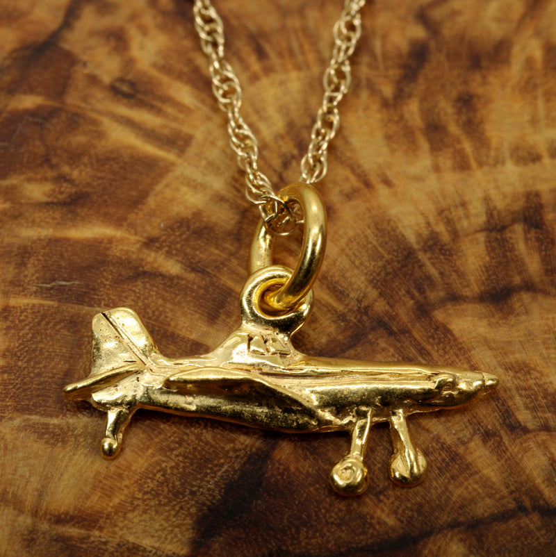Gold Air Tractor Crop Duster Necklace in tiny size made in 14kt Gold Vermeil