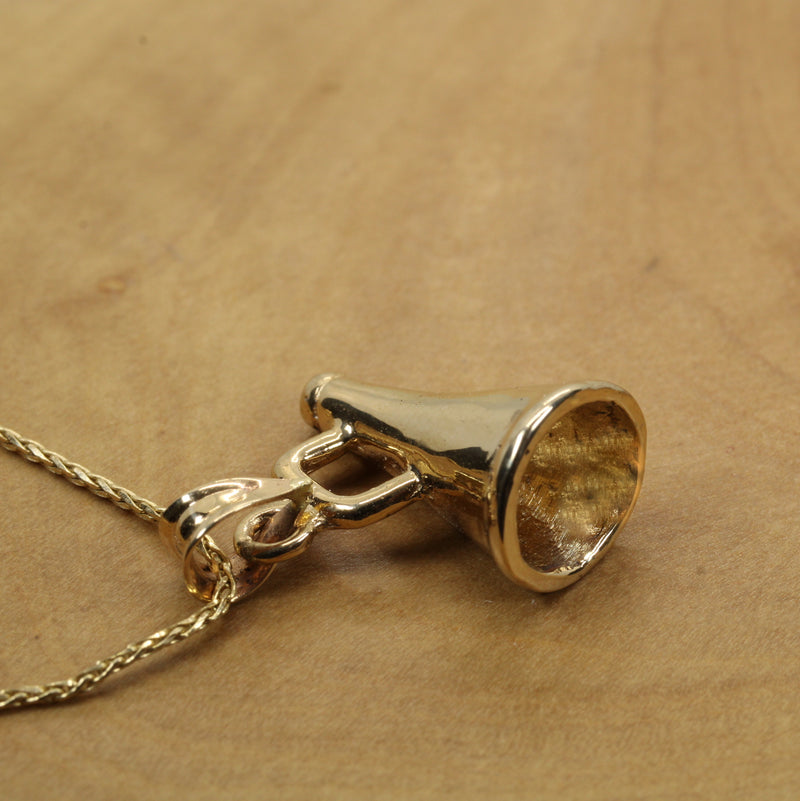 Solid Gold Cheerleader Megaphone necklace made in Solid 14kt gold