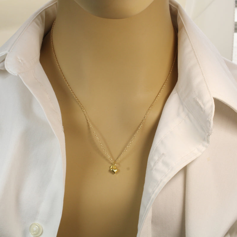 Tiny Gold Puffed Heart Necklace for her made in 14kt gold vermeil