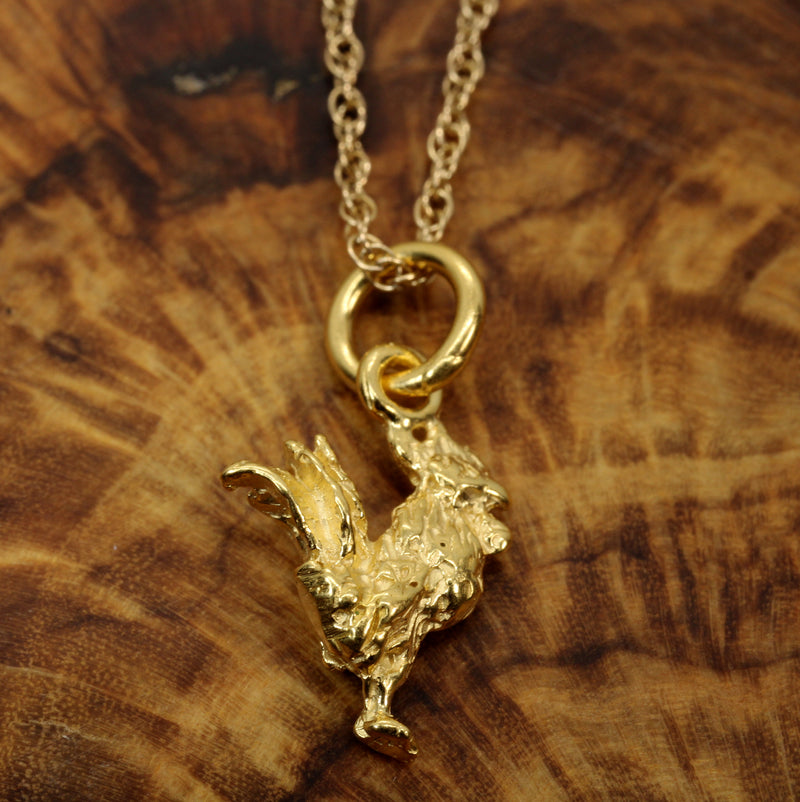 Gold Rooster Necklace or charm made in 14kt gold vermeil in tiny size