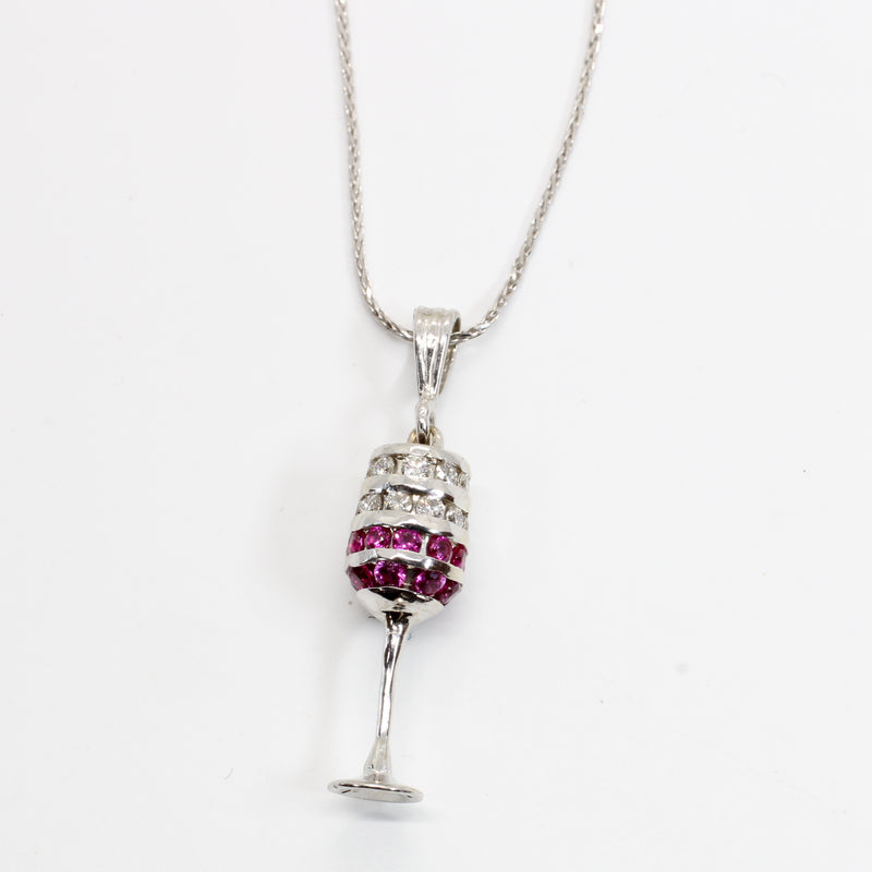 Red Wine Glass Necklace with Diamonds and Rubies in 14kt white gold