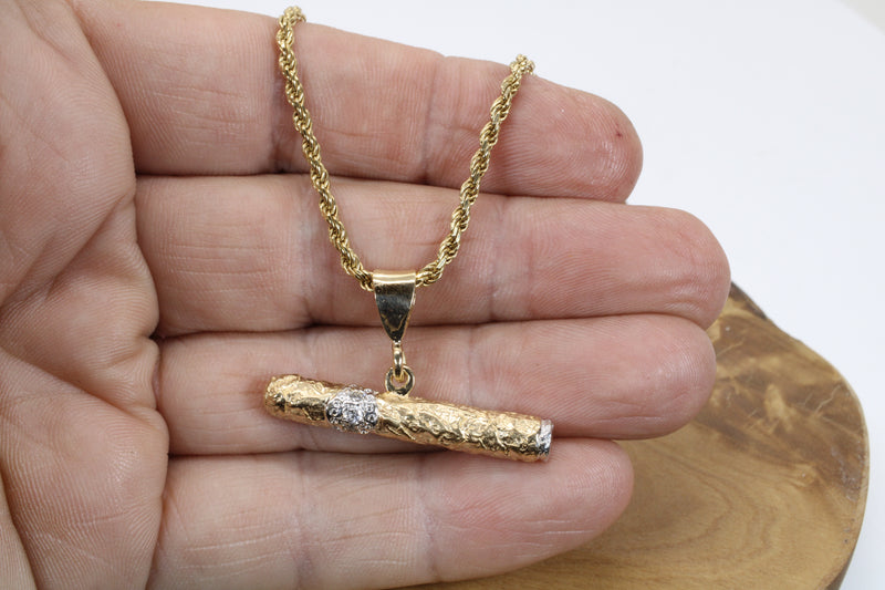 Gold Cigar Necklace with Diamond Band Made in Solid 14kt Gold