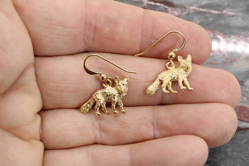 Gold Fox Dangle Earrings for her with Solid 14kt Gold Foxes