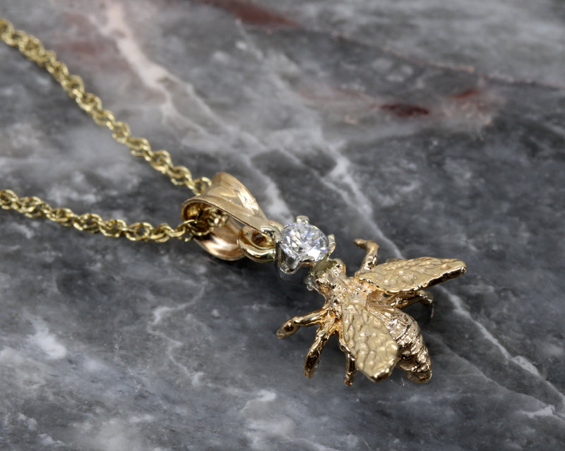Gold Honey Bee Necklace with Diamond in Solid 14kt Gold