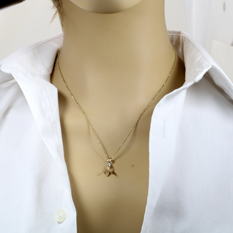 Gold Honey Bee Necklace with Diamond in Solid 14kt Gold