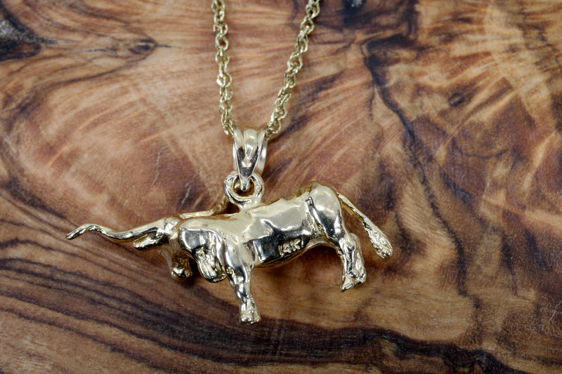 Gold Texas Longhorn Steer Necklace with solid 14kt yellow gold Longhorn