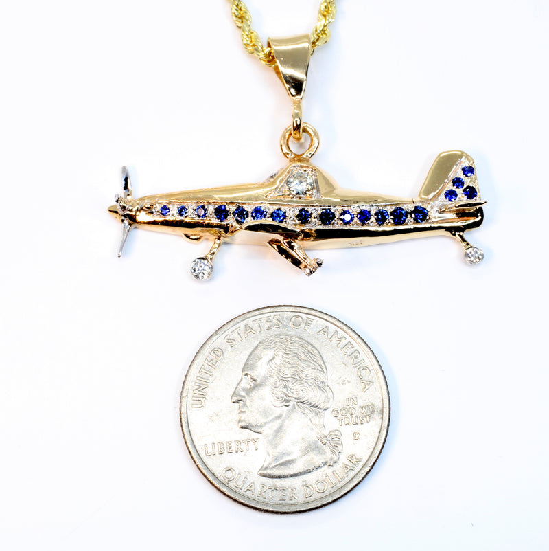 Large Airplane Air Tractor Necklace in 14kt Gold with Sapphires and Diamonds