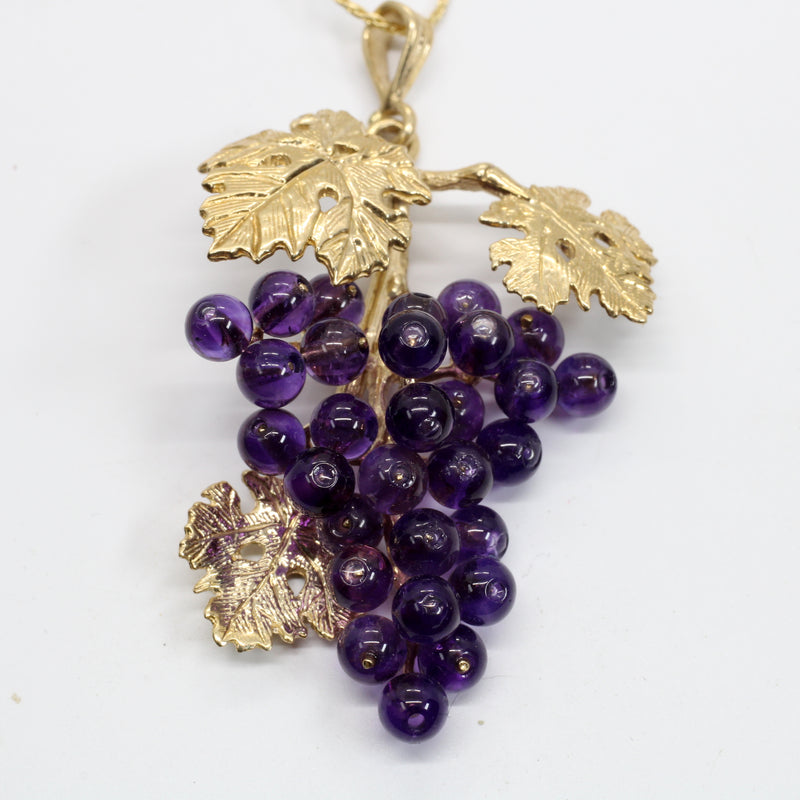 Large Amethyst Grape Cluster Necklace with three leaves made in 14kt Gold