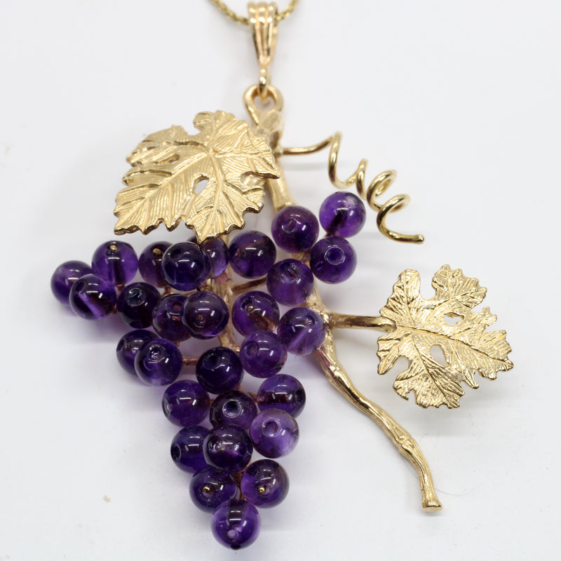 Large Amethyst Grape Cluster Necklace with two leaves made in 14kt Gold