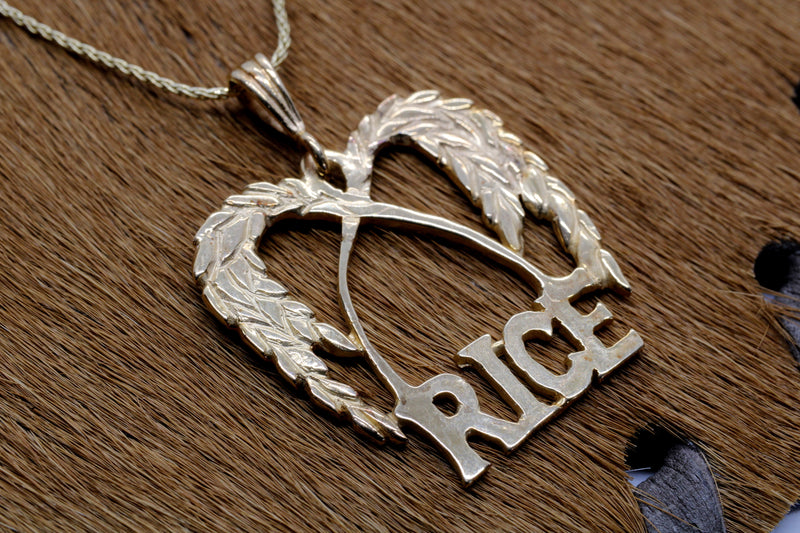 Large Gold Rice Logo Necklace made in Solid 14kt. Gold