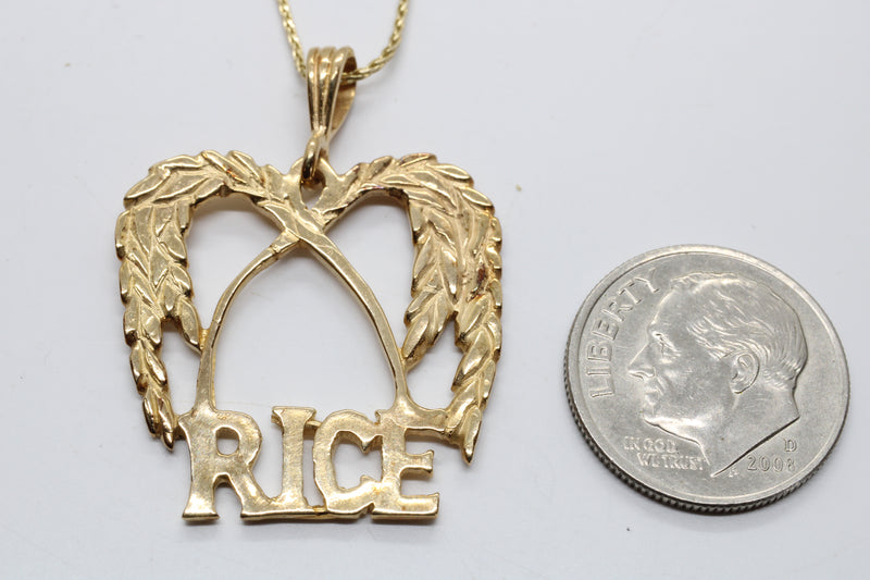 Large Gold Rice Logo Necklace made in Solid 14kt. Gold