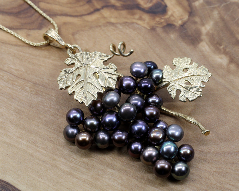 Large Black Pearl Grape Cluster Necklace with two leaves made in 14kt Gold