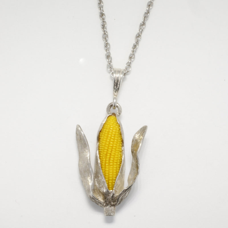 Silver Corn Cob Necklace with Yellow Corn Cob and husks spread open