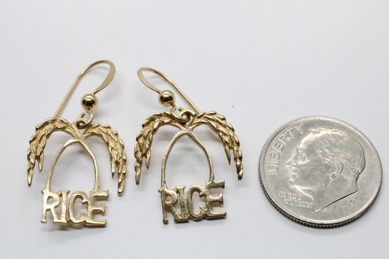 Gold Rice Logo Dangle Earrings made in Solid 14kt Gold for Her