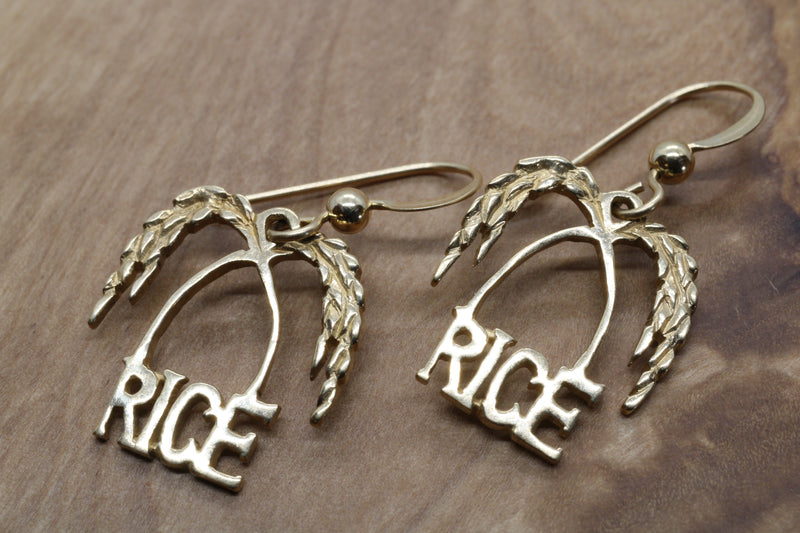 Gold Rice Logo Dangle Earrings made in Solid 14kt Gold for Her