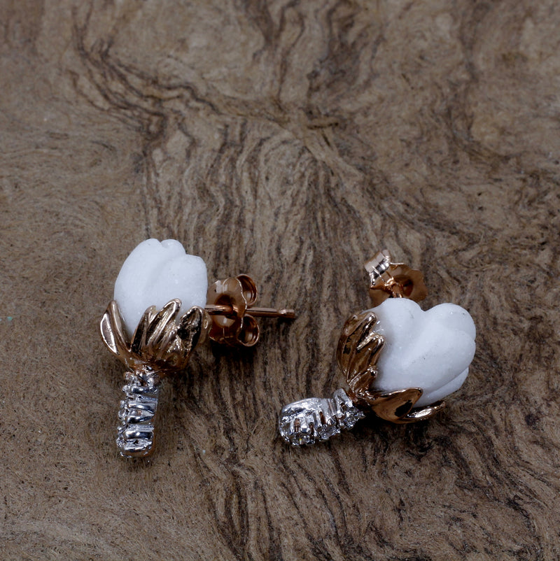 Set of Rose Gold Cotton Boll Necklace and Stud Earrings with Diamonds