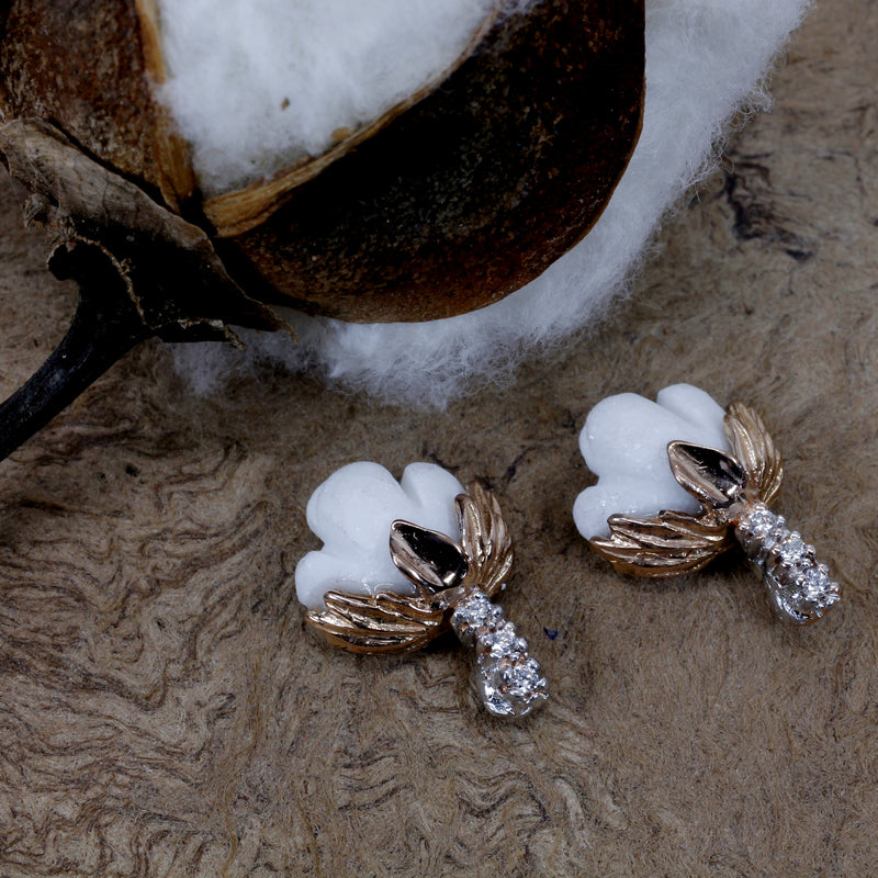 Set of Rose Gold Cotton Boll Necklace and Stud Earrings with Diamonds