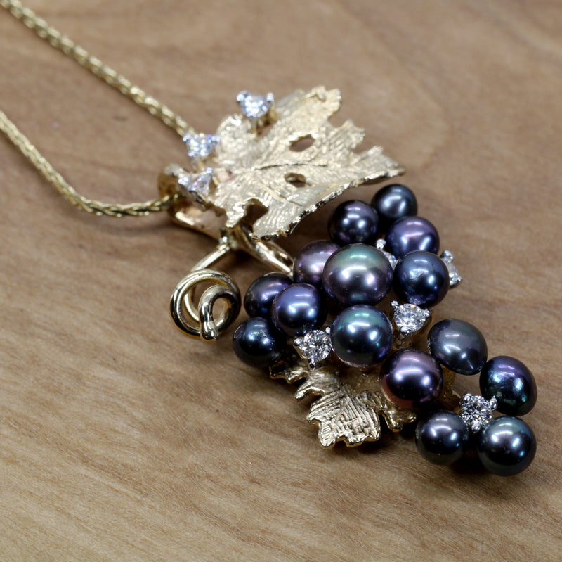 Black Pearls Grape Cluster Necklace with diamonds made in 14kt Gold