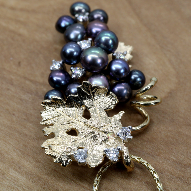 Black Pearls Grape Cluster Necklace with diamonds made in 14kt Gold