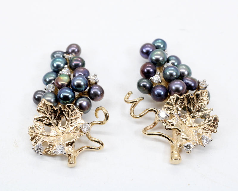 Black Pearl Grape Cluster Earrings with Freshwater Pearls and Diamonds