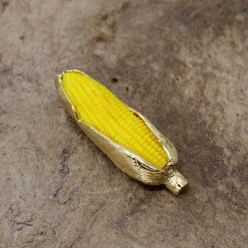 Large Gold Corn Tie Tack with 14kt Gold Vermeil Ear of Corn and Yellow Cob
