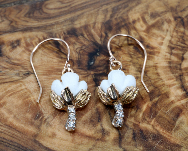 Rose Gold Cotton Boll Earrings with White Stones and Diamond Stems
