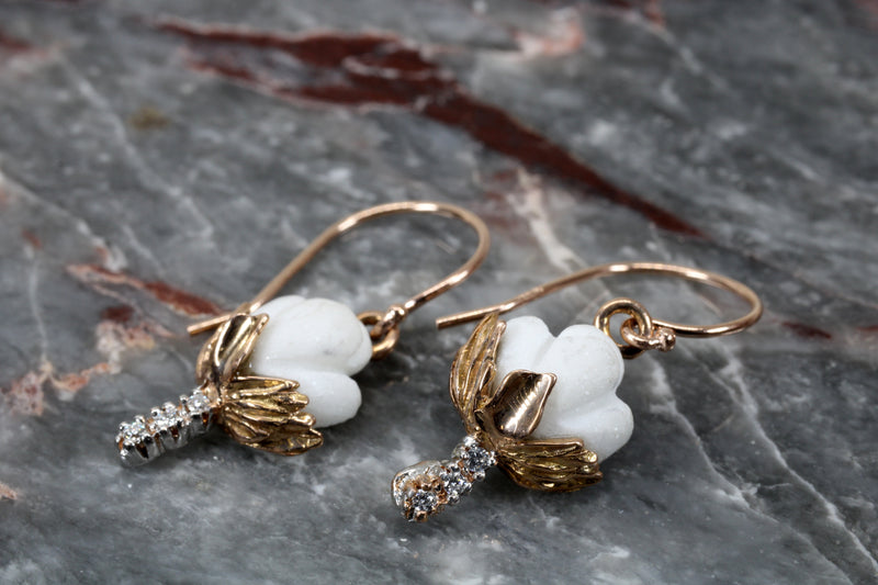 Rose Gold Cotton Boll Earrings with White Stones and Diamond Stems