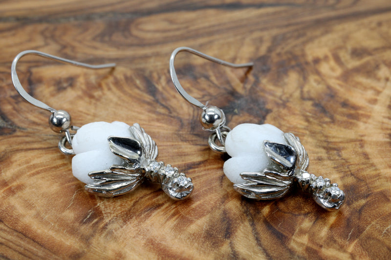 White Gold Cotton Boll Earrings with White Stones and Diamond Stems