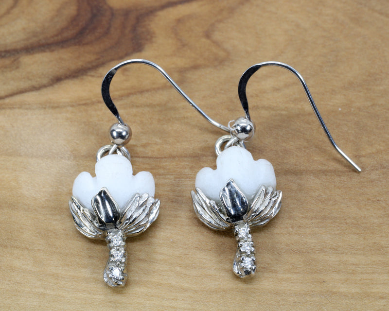 White Gold Cotton Boll Earrings with White Stones and Diamond Stems