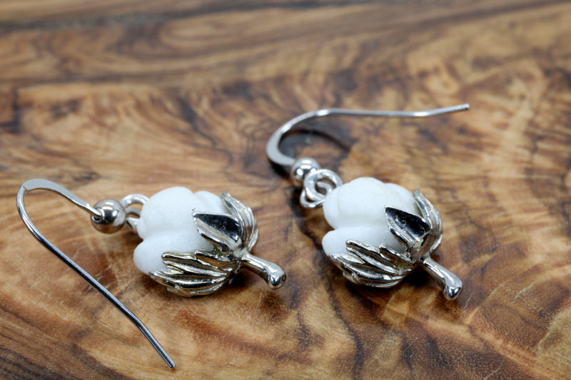 Cotton Boll Dangle Earrings in 14kt White Gold with Hand Carved Cotton Boll Stone