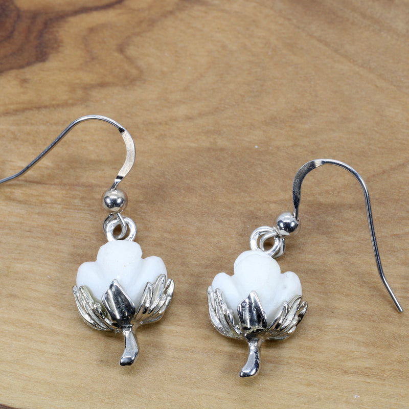 Cotton Boll Dangle Earrings in 14kt White Gold with Hand Carved Cotton Boll Stone