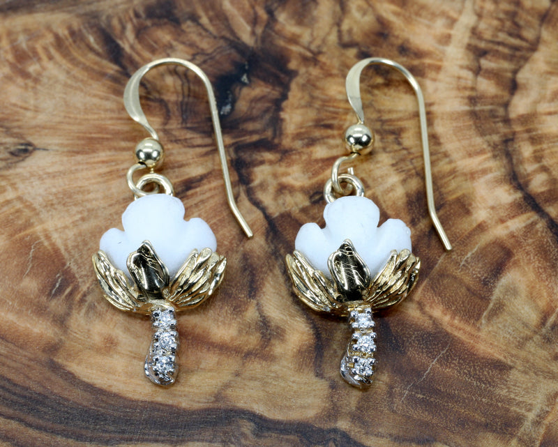 Gold Cotton Boll Earrings with White Stones and Diamond Stems