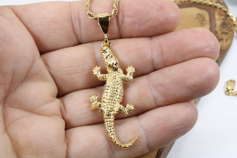 Extra Large Size 14kt Gold Vermeil Alligator Necklace on Cuban or Rope Chain