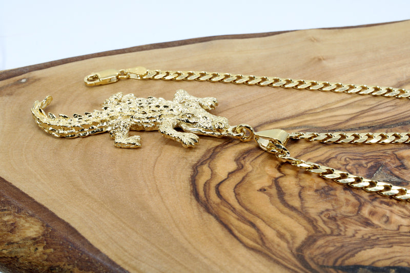 Giant Size 14kt Gold Vermeil Alligator Necklace on Cuban or Rope Chain
