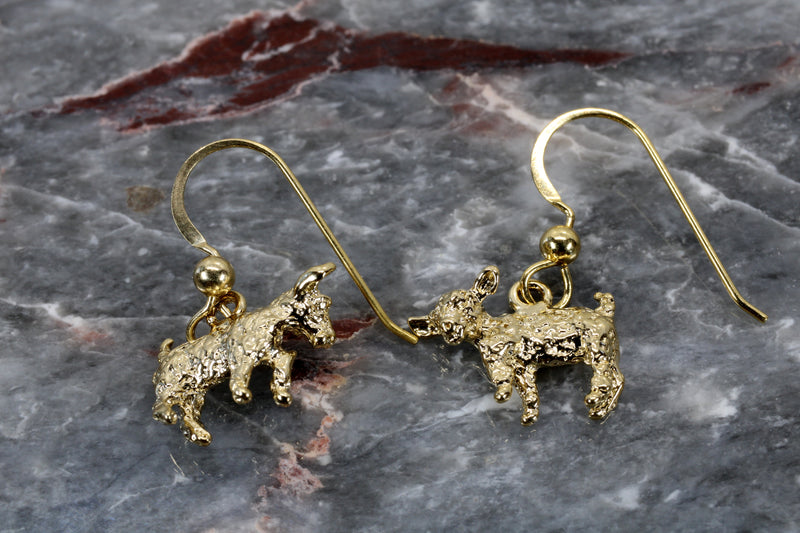 Gold Baby Goat Dangle Earrings with a 3-D 14kt Gold Vermeil Playful Goats