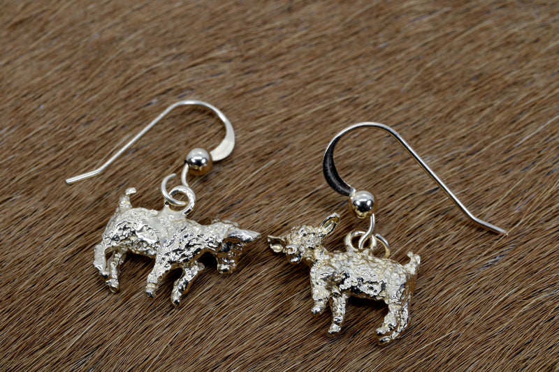 Gold Baby Goat Dangle Earrings with a 3-D Solid 14kt Gold Playful Goats