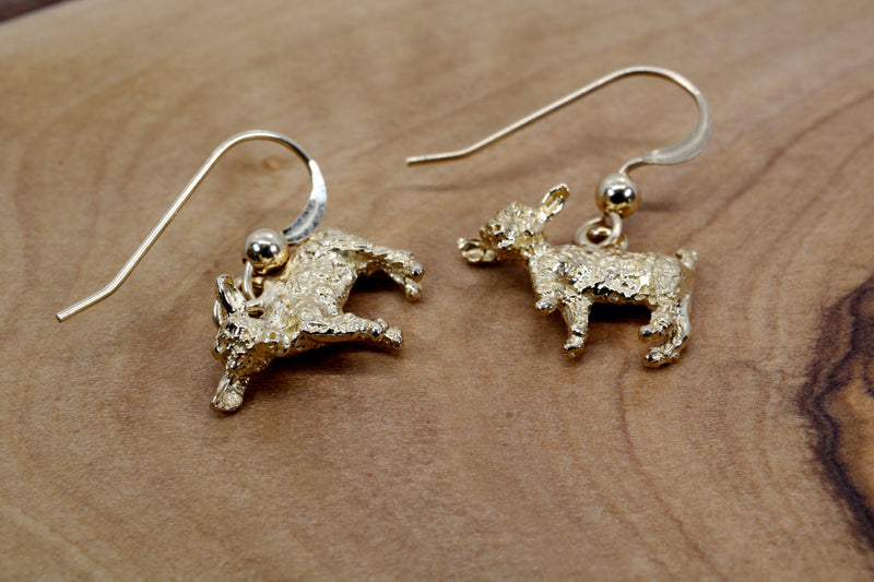 Gold Baby Goat Dangle Earrings with a 3-D Solid 14kt Gold Playful Goats