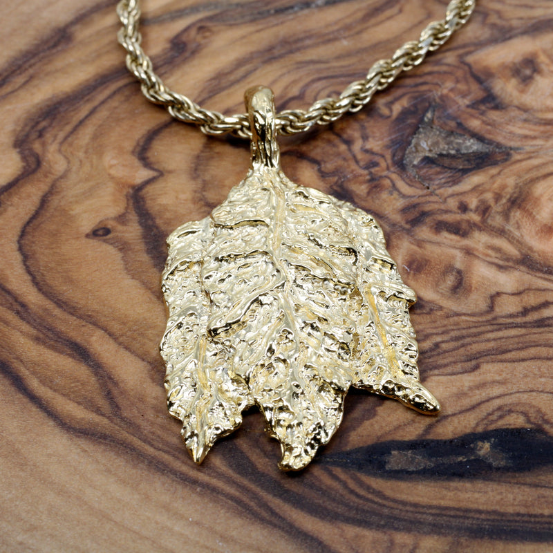 Gold Flue Tobacco Leaf Necklace with 14kt gold Vermeil Three Leaf Charm