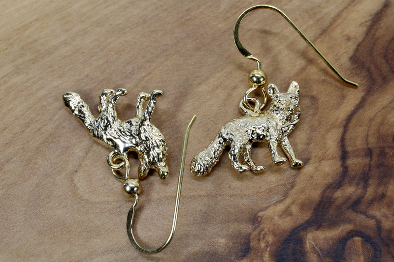 Gold Fox Dangle Earrings for her with 14kt Gold Vermeil Foxes