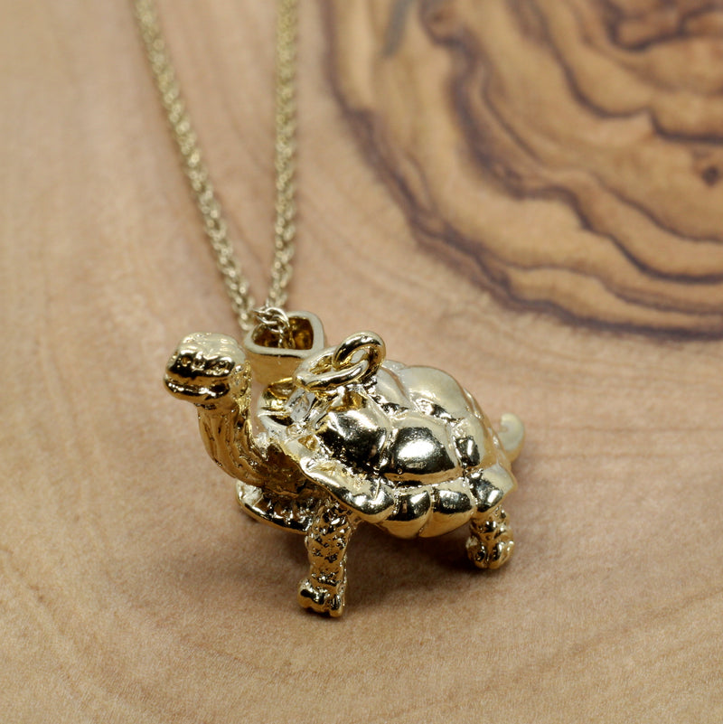 Galapagos Tortoise Necklace with three dimensional 14kt gold vermeil turtle