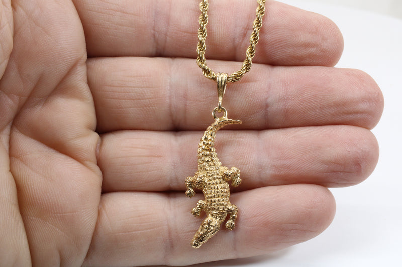 Mans Large Alligator Necklace in Solid 14kt Yellow Gold on Heavy Rope Chain