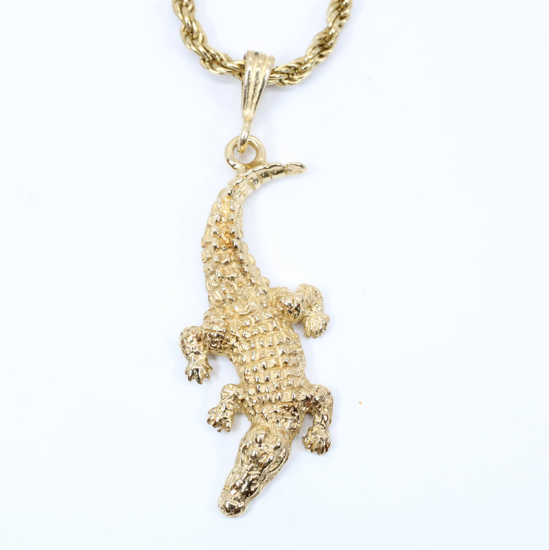 Mans Large Alligator Necklace in 14kt Gold Vermeil on Heavy Rope Chain