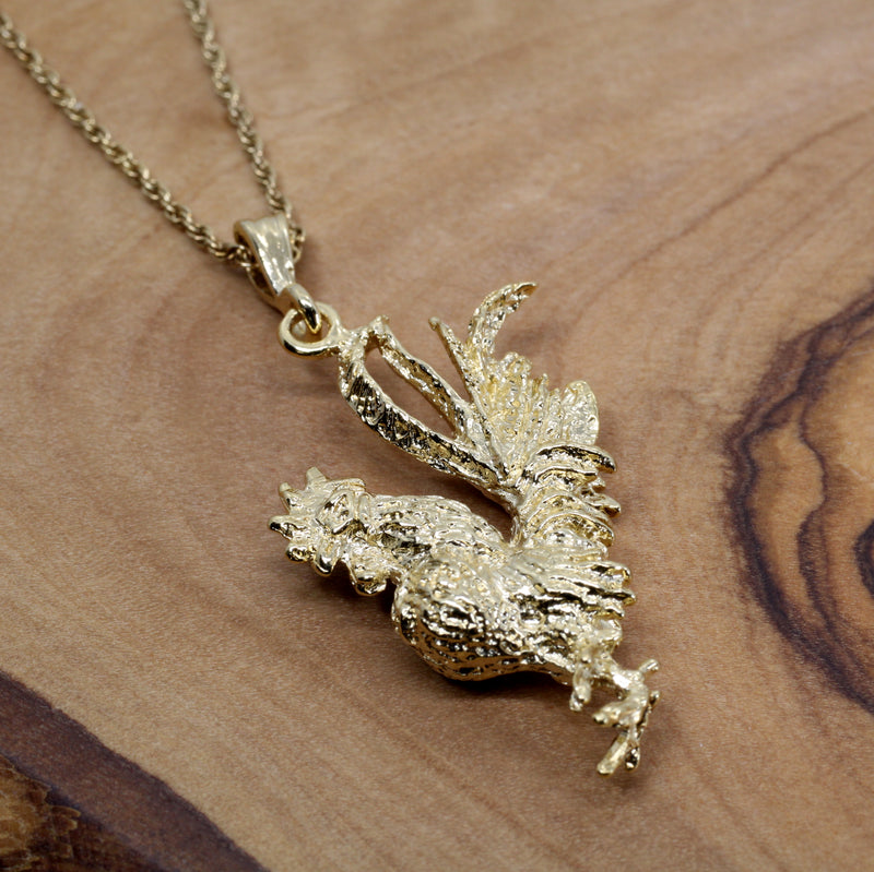 Gold Rooster Necklace with large 3-D 14kt yellow gold vermeil rooster chicken