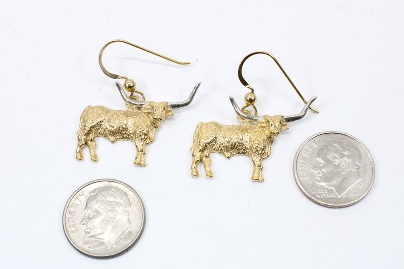 Gold Longhorn Earrings with 14kt Gold Vermeil Longhorn Body and Silver Horns